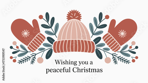 Illustration of a winter hat and mittens with floral accents wishing a peaceful christmas message