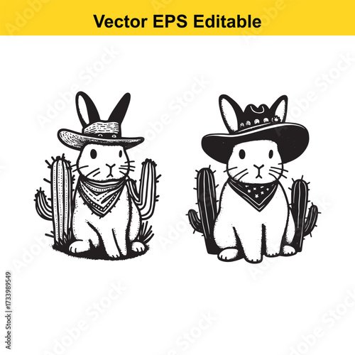 Cute cowboy rabbits with cowboy hat and bandana isolated on white background
