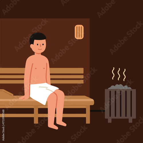 Person relaxing in a wooden sauna with a steam generator nearby