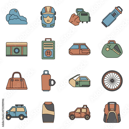 Collection of travel and outdoor adventure equipment and accessories.