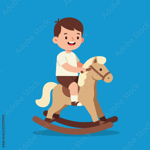 Cheerful boy riding a wooden horse toy on a blue background