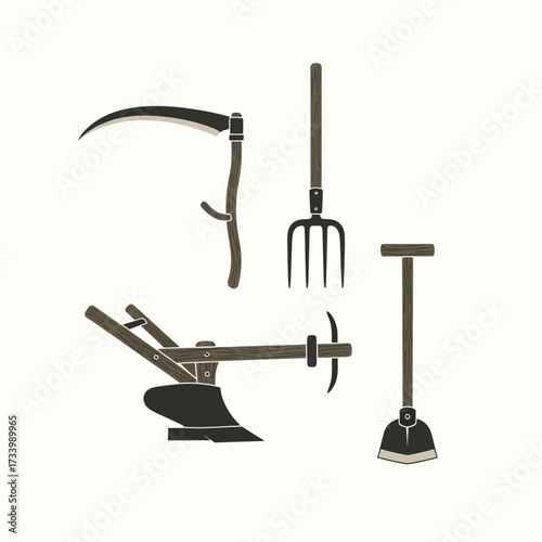 Collection of Vintage Agricultural Tools and Farming Equipment.