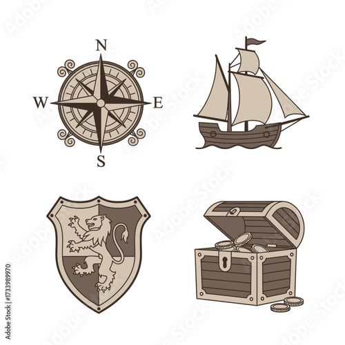 Collection of vintage exploration and adventure vector icons.