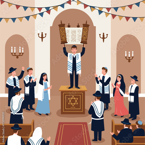A joyful religious ceremony unfolds in a synogogue, with a Torah scroll held high