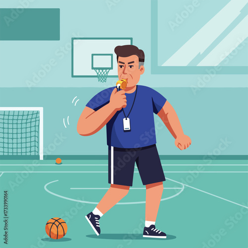 Coach blowing whistle on basketball court with ball