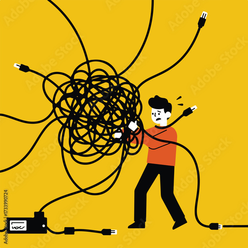 Man entangled in a mess of black cables and plugs on a yellow background