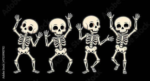 A row of four cheerful cartoon skeletons raising their arms and dancing excitedly against a dark background giving off a fun and spooky vibe filled with Halloween energy and playful movement  