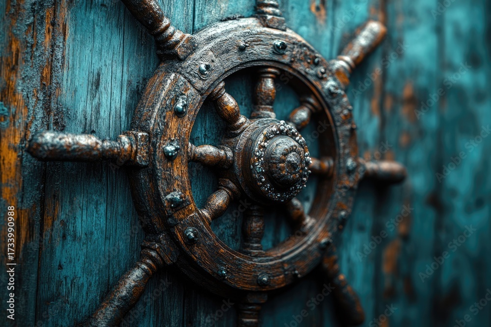 Fototapeta premium Rustic wooden ship's wheel with metal accents against a distressed teal background, embodying vintage nautical charm and maritime history.