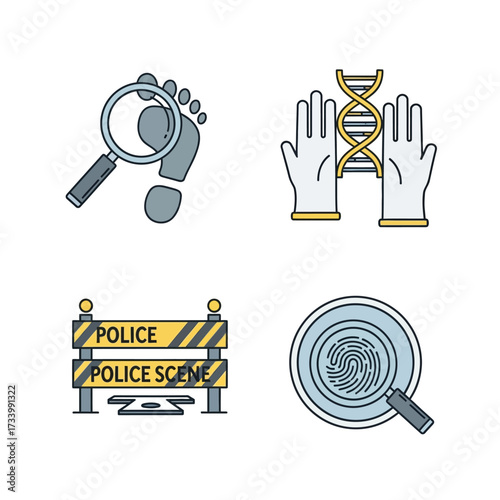 Forensic investigation tools and crime scene evidence icons set.