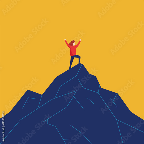 Person celebrating atop a mountain peak against a bright yellow sky