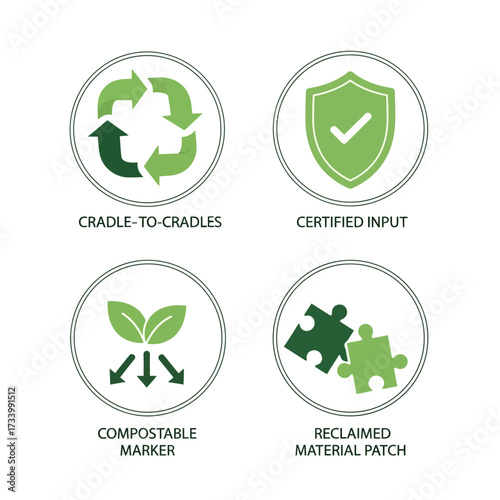 Four eco-friendly certification icons for sustainability and environmental responsibility.