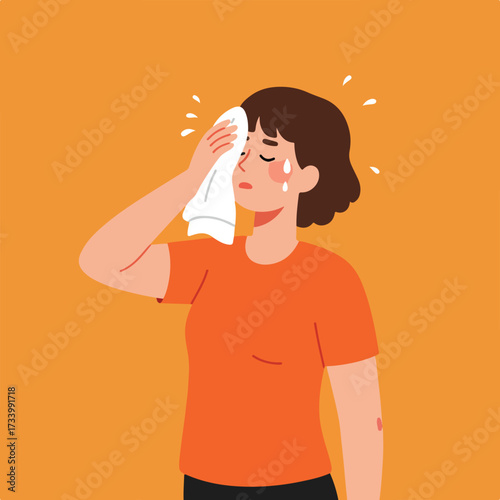 Sweaty person wiping brow with cloth