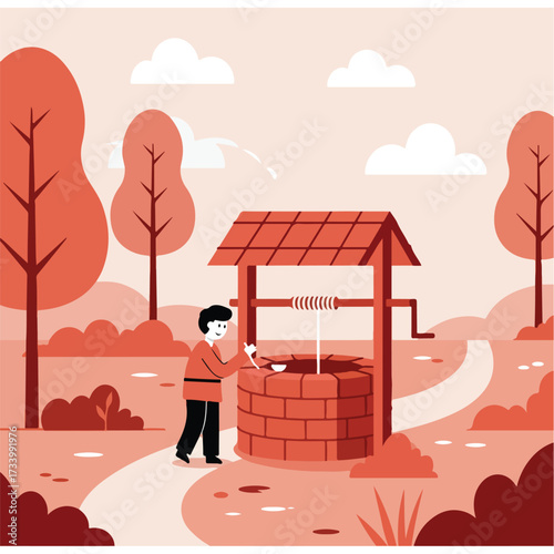 A boy draws water from a brick well in a park-like setting with trees
