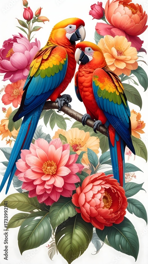 Fototapeta premium Colorful macaw parrots with vibrant floral artwork high resolution picture