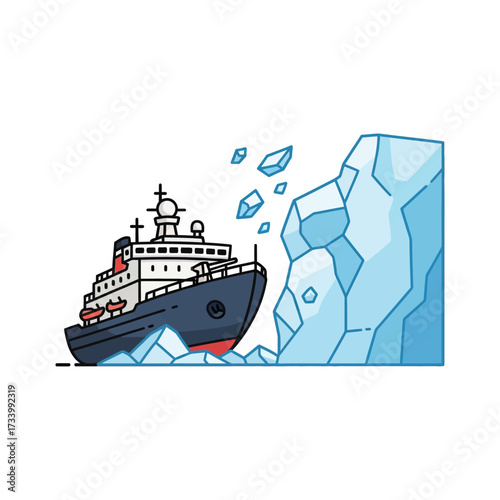 Icebreaker ship navigating through icy waters and breaking ice chunks.