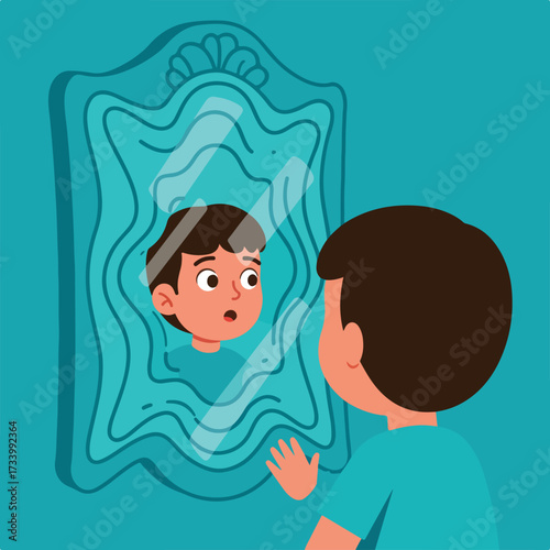 Boy touches a wavy mirror, seeing his surprised reflection