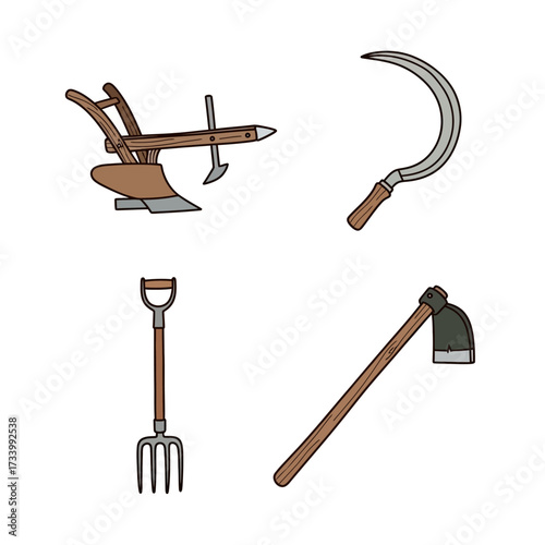 Illustration of Traditional Farming Tools - Plough, Sickle, Fork, and Hoe.