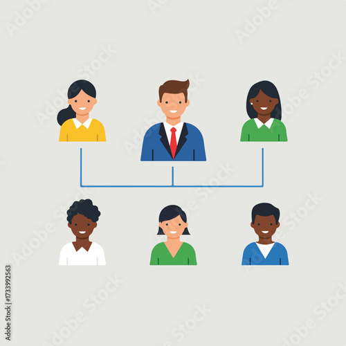 Diverse team members connected in a hierarchical structure, illustrating business organization