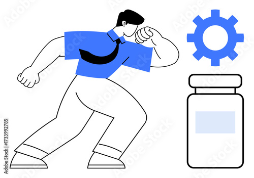 Man in professional attire posing thoughtfully, gear element and medicine bottle nearby. Ideal for creativity, health management, productivity, medical solutions, innovation, decision-making