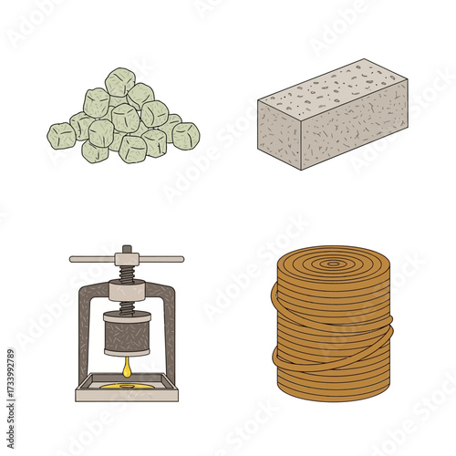 Illustrated Set of Hashish Production Equipment and Products.