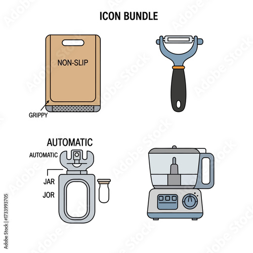 Kitchen Utensils Icon Bundle - Cutting Board, Peeler, and Food Processor.