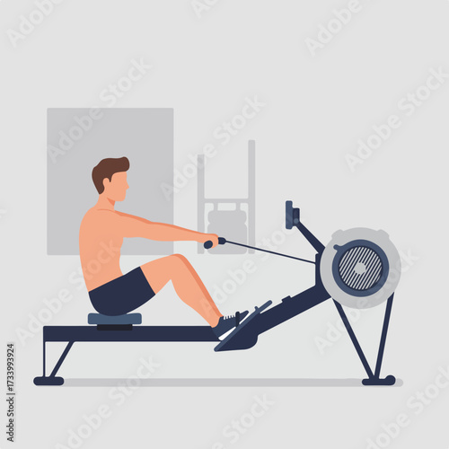 Muscular person exercising on a rowing machine in a gym