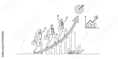 Minimal line art vector illustration of a business team celebrating success and achieving growth. Simple, clean, and modern design suitable for business presentations, reports, and infographics.