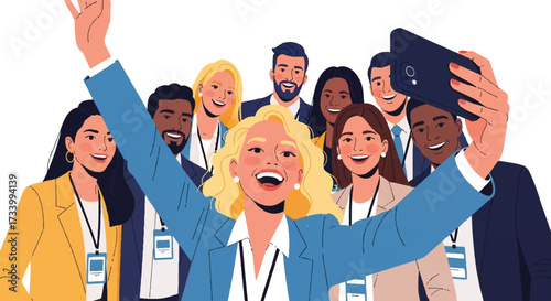 Diverse group of professionals taking a selfie at a conference