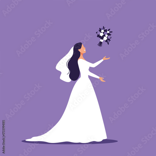 Woman in a wedding dress tosses bouquet against purple background