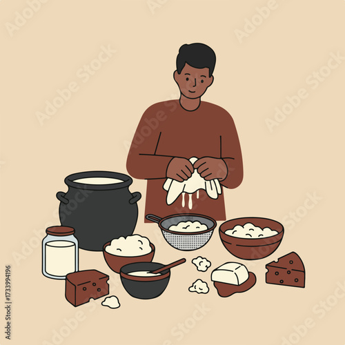 Person making dairy products, surrounded by bowls of cheese, milk, and cream