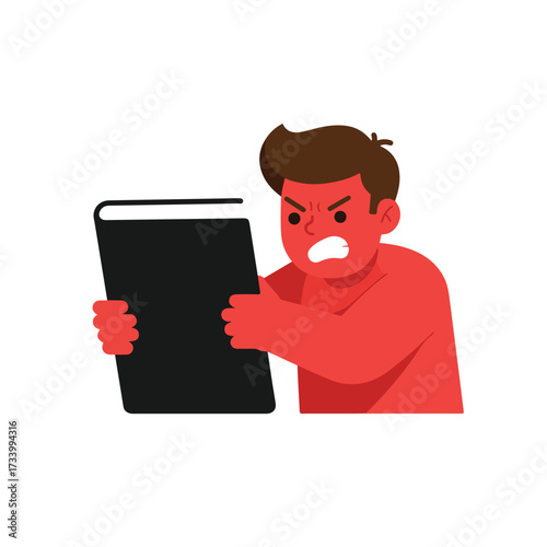 Angry red figure with brown hair clutches a black book, face contorted in rage