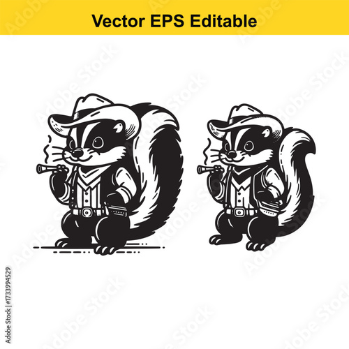 Cute skunk cowboy cartoon character isolated on white background