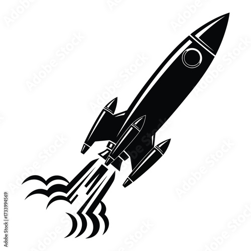 Vector art of black silhouette of a rocket ship blasting off with smoke trails