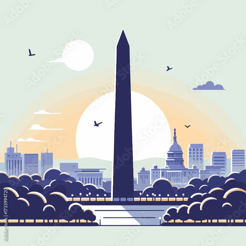 Washington Monument with a simple and minimalist flat design using a white background