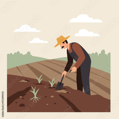 Man in overalls and straw hat working a field with a shovel