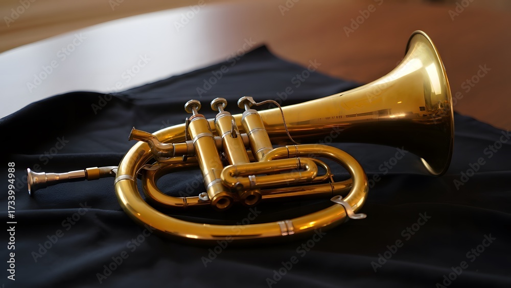Obraz premium Brass trumpet with golden finish on dark fabric
