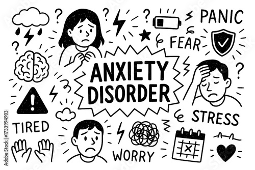 anxiety disorder concept with stressed faces, worry pills and brain doodle icons, Transparent Background