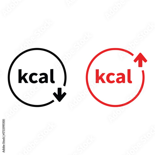 Vector art of two circular icons showing kcal with down and up arrows
