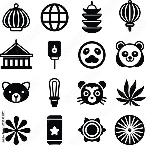 Collection of asian culture icons featuring lanterns pandas temples pagodas and decorative elements for web design and graphics