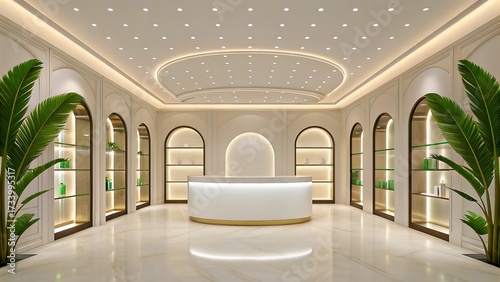 Luxury modern interior with white reception desk and decorative plants
