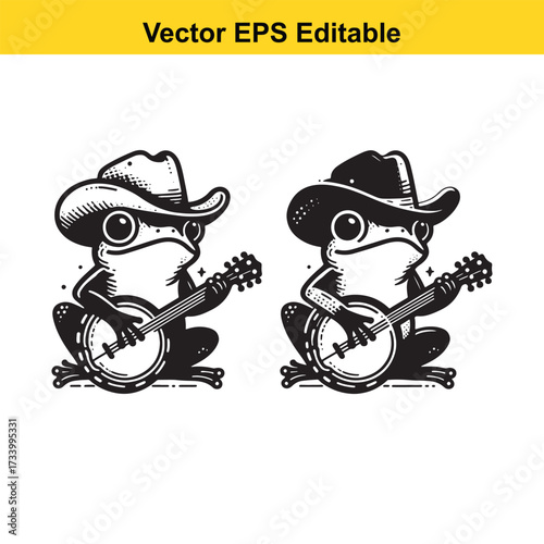 Two cartoon frogs wearing cowboy hats playing banjo isolated on white background