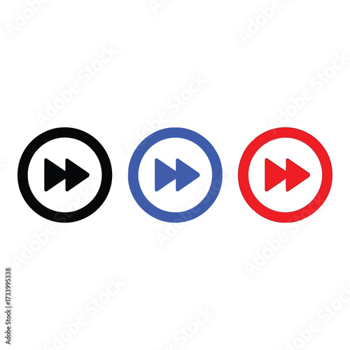 Vector art of three fast forward icons in black, blue, and red