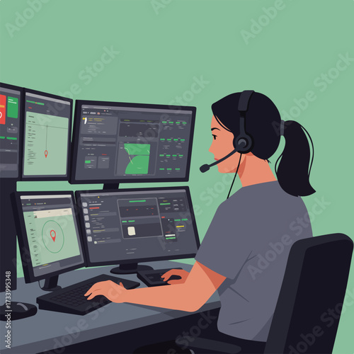 Woman wearing headset and working on multiple computer screens displaying data