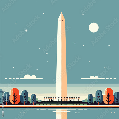 Washington Monument with a simple and minimalist flat design using a white background