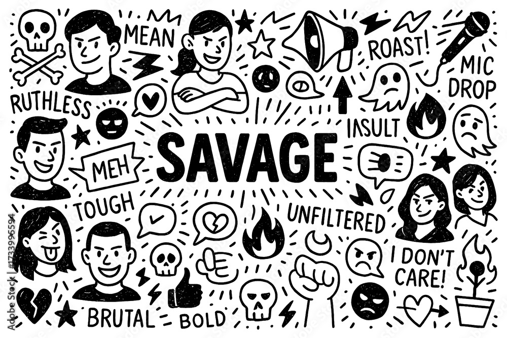 Fototapeta premium Savage doodle illustration with unfiltered attitude, bold roast, mic drop and ruthless expressions, Transparent Background