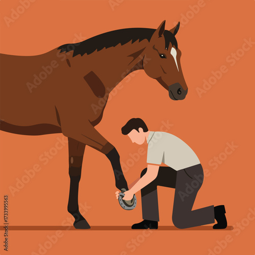 A person kneels to attach a horseshoe to a brown horse's hoof on an orange background
