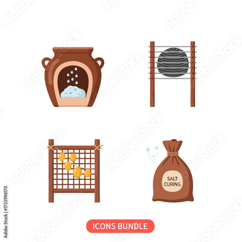 Salt curing and air drying food preservation flat icons.