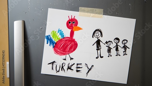 Colorful turkey drawing with family by child on paper