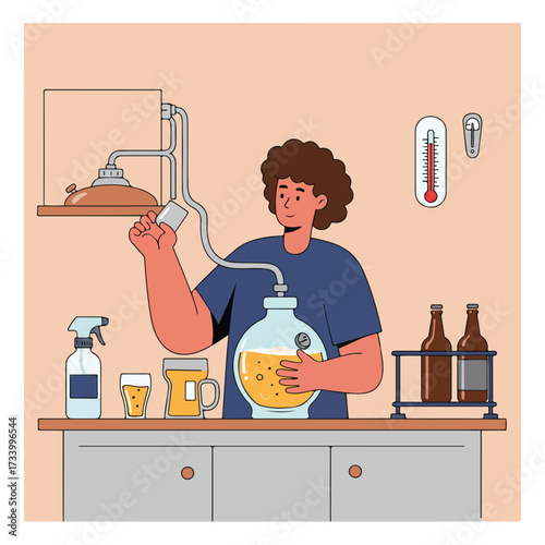 Person brewing at home with fermentation vessel, thermometer, and bottles