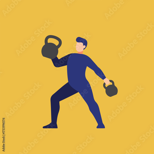 Person in blue workout attire holding two kettlebells on a yellow background